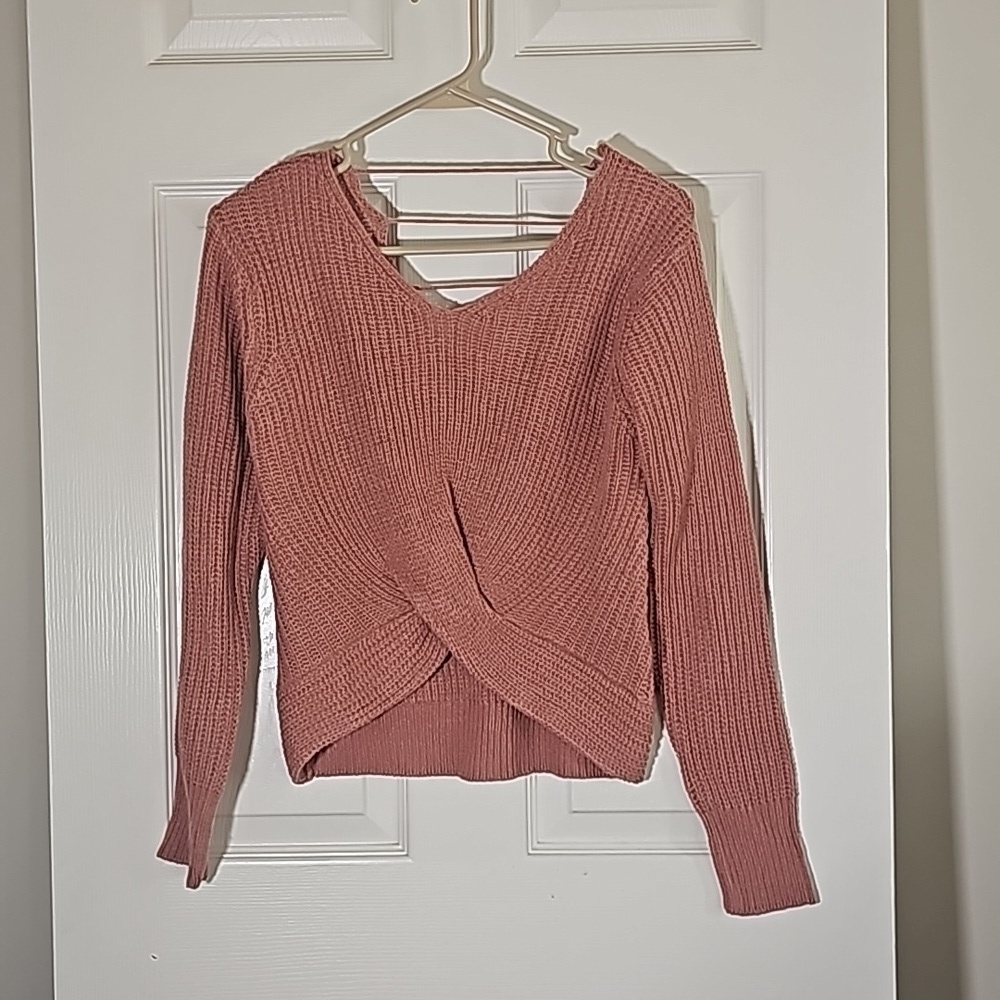Poof Apparel Pink Sweater with Front Twist Strappy Low Back Cotton Blend Size S